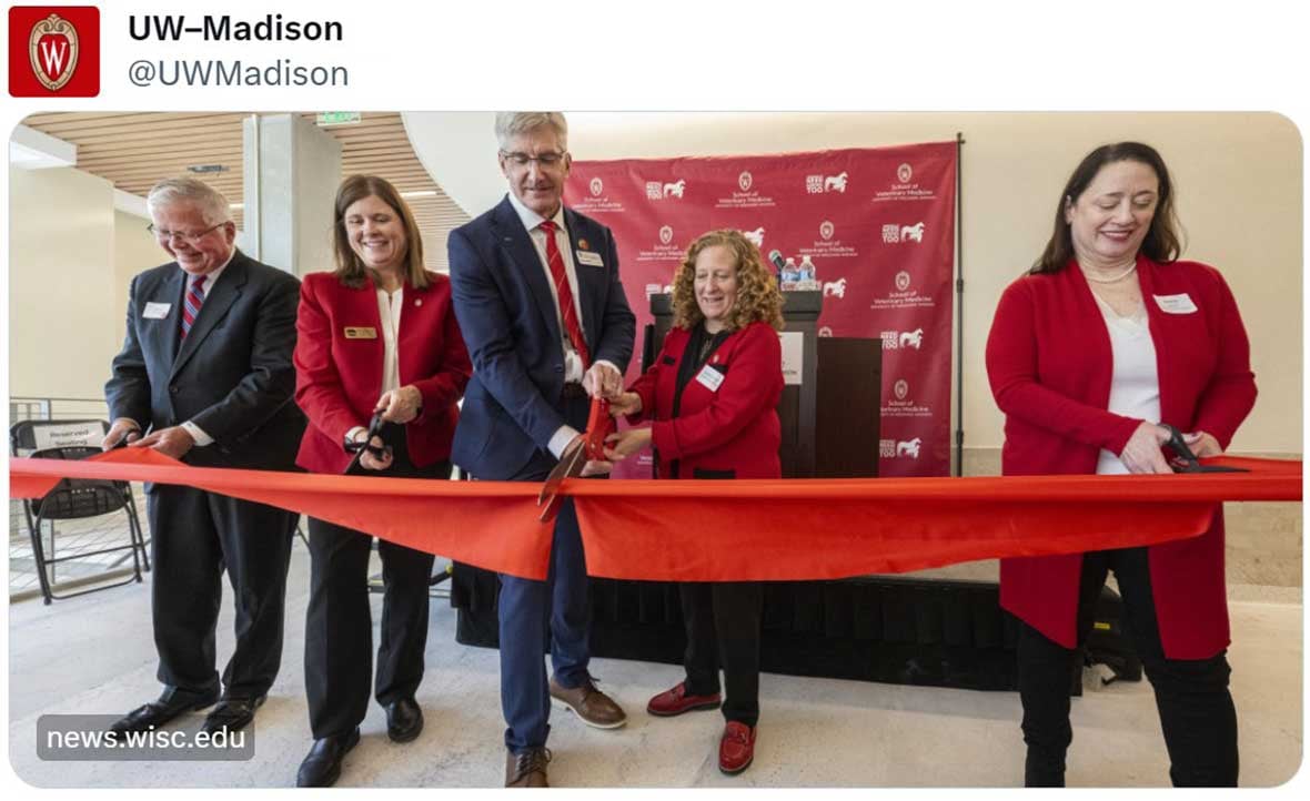 Five people at University of Wisconsin Madison's School of Veterinary Medicine ribbon cutting ceremony
