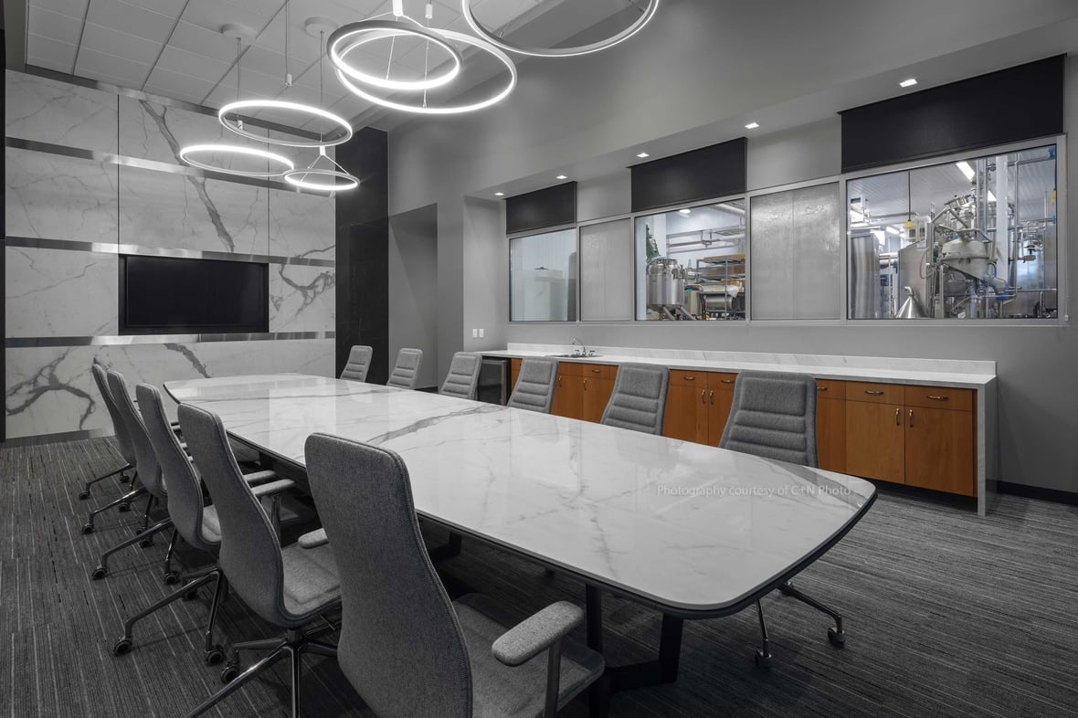 Meeting room at UW-Madison Babcock hall with dairy plant in the background