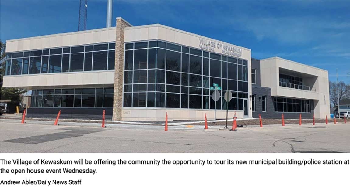 Exterior project snapshot of the completed Kewaskum Village Hall and Police Department with signage and landscaping.