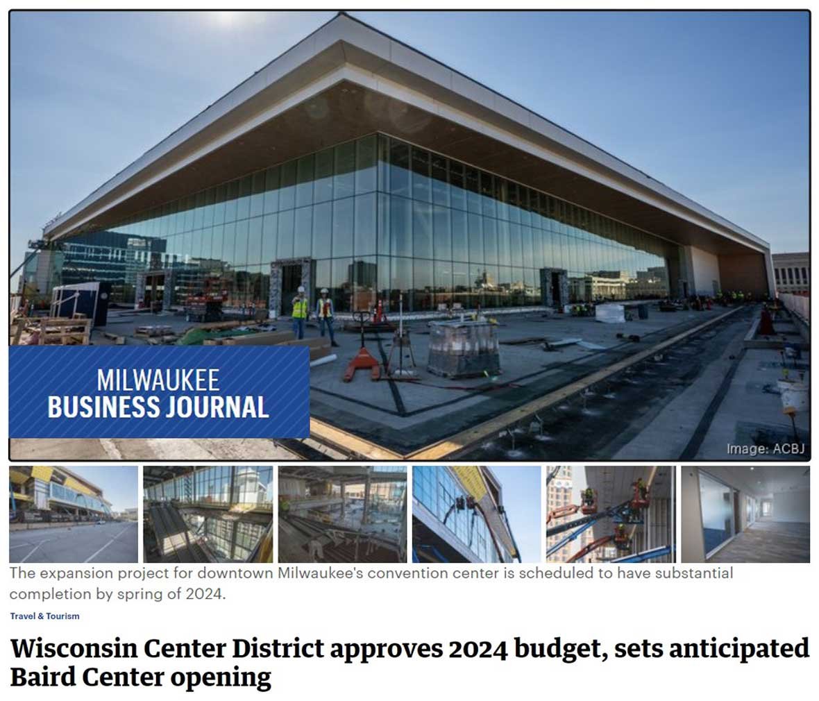 Milwaukee Business Journal slideshow screenshot for Wisconsin Center District article with 2024 budget and anticipated Baird Center opening