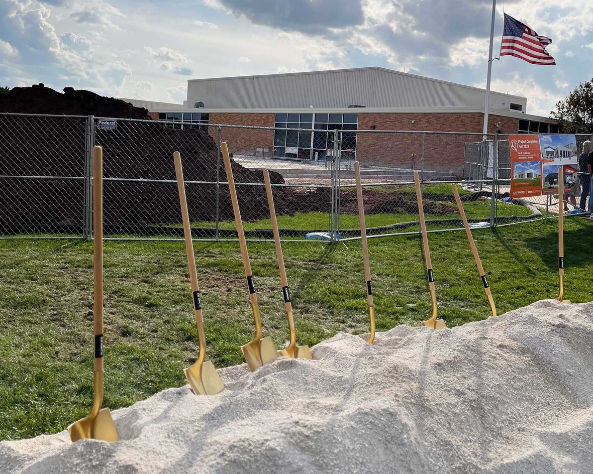 Golden shovels at groundbreaking ceremony with cd smith construction for renovations and addition projects at the School District of North Fond du Lac