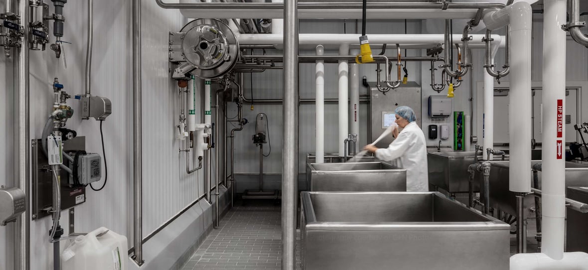 Woman cleaning milk-holding tanks at the Center for Dairy Research, Babcock Hall, UW-Madison, showcasing dedication to hygiene and quality in dairy processing.