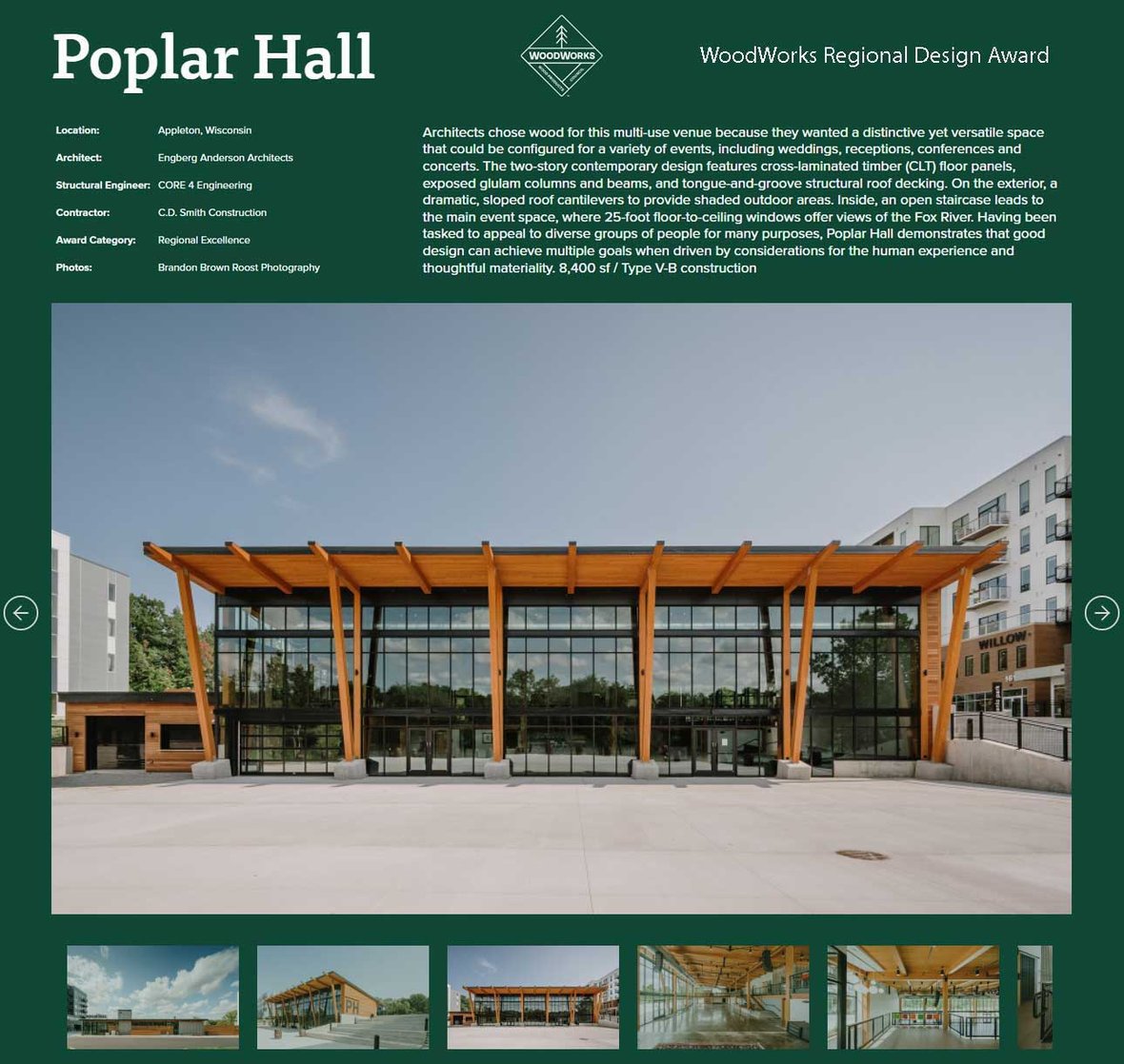 RiverHeath Poplar Hall Event Space Screenshot in WoodWorks' Award Gallery of mass timber building