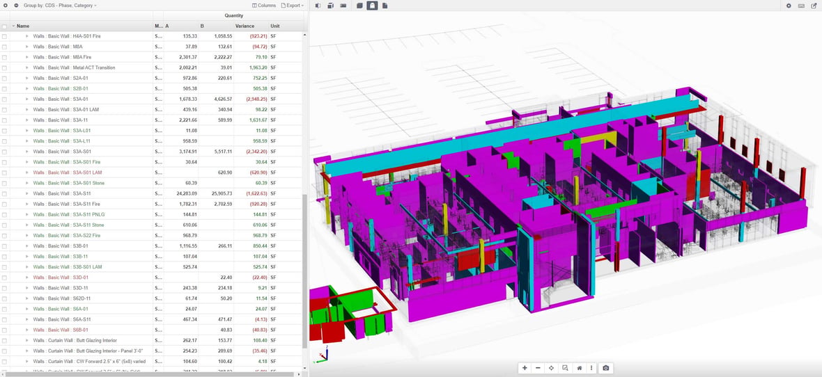 Assemble interface showing material quantity changes and variance tracking between construction model updates.