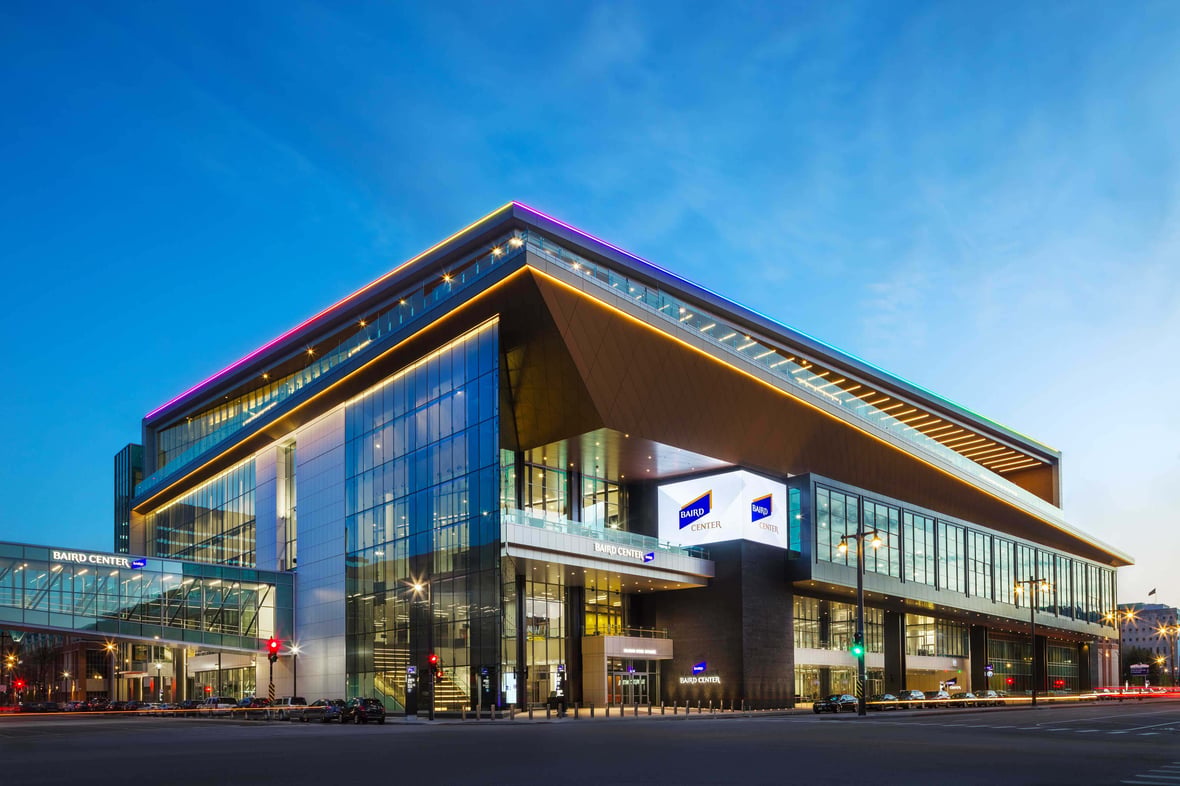 Baird Center convention and event expansion in downtown Milwaukee Wisconsin showcasing modern glass architecture designed for LEED and WELL certification.