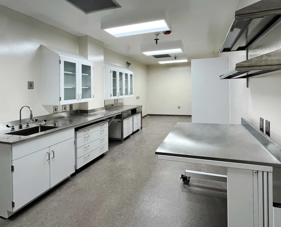 BSL-3 laboratory prior to final clean with stainless steel work surfaces casework sink and cleanable finishes designed for containment