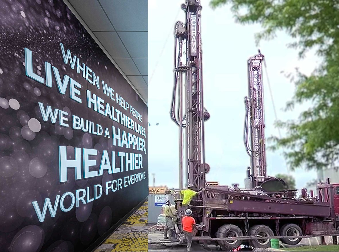 Side-by-side image of Nature’s Way’s mission statement and active geothermal drilling site, highlighting the connection between health and sustainability.