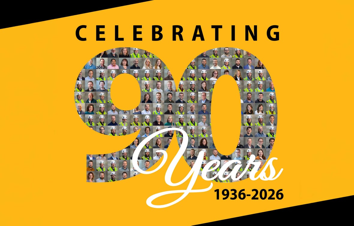 C.D. Smith Construction celebrating 90 years from 1936 to 2026 with an employee portrait mosaic forming the number 90 on a gold background.