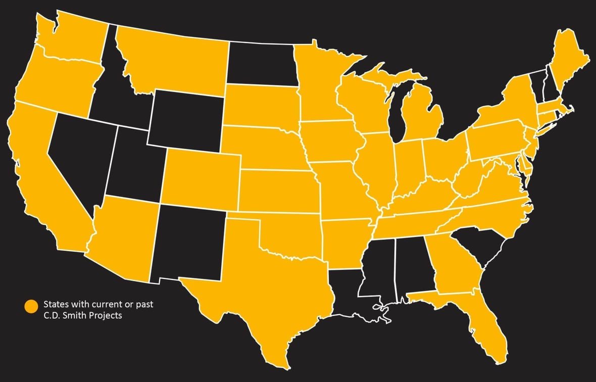 West to East — We Travel With You graphic showing C.D. Smith Construction project locations across 34 states nationwide