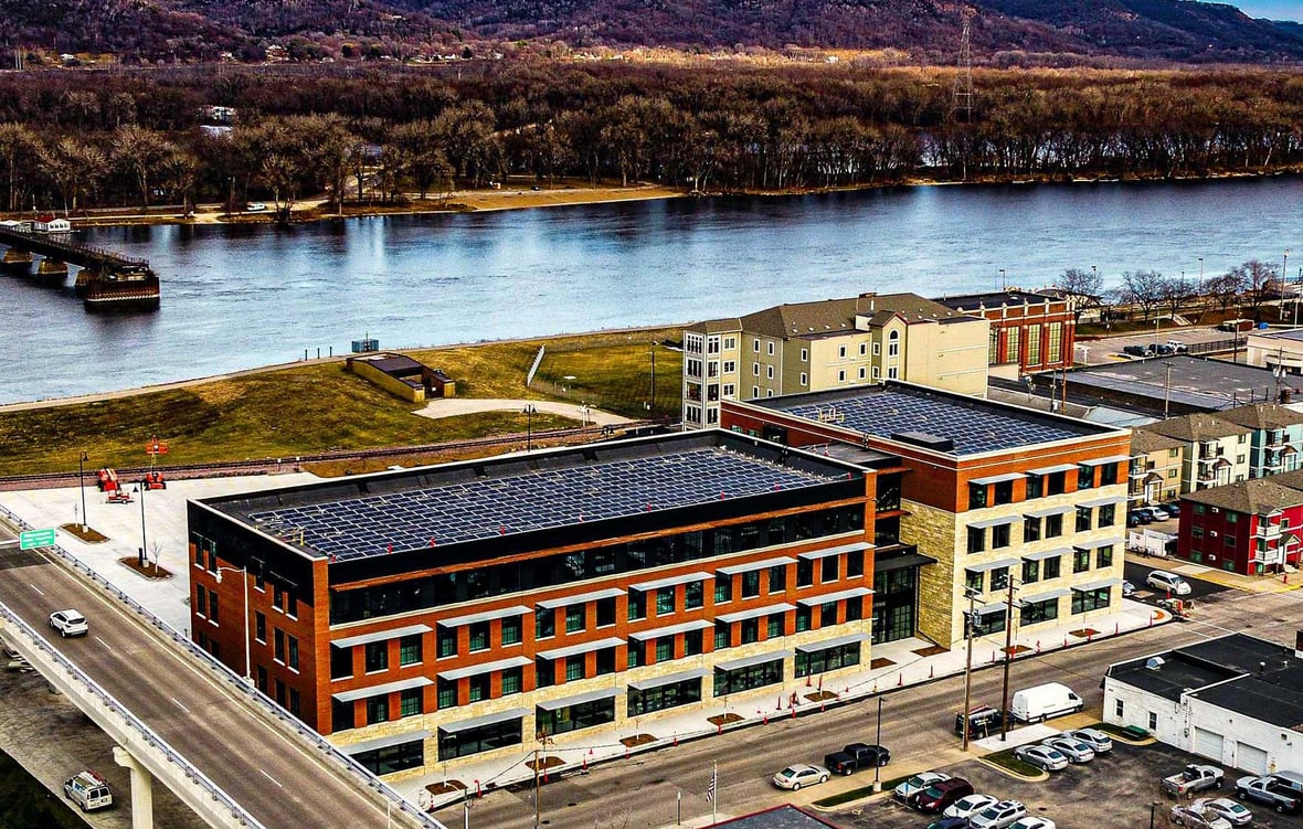 Aerial view of Fastenal Office Building along Mississippi River
