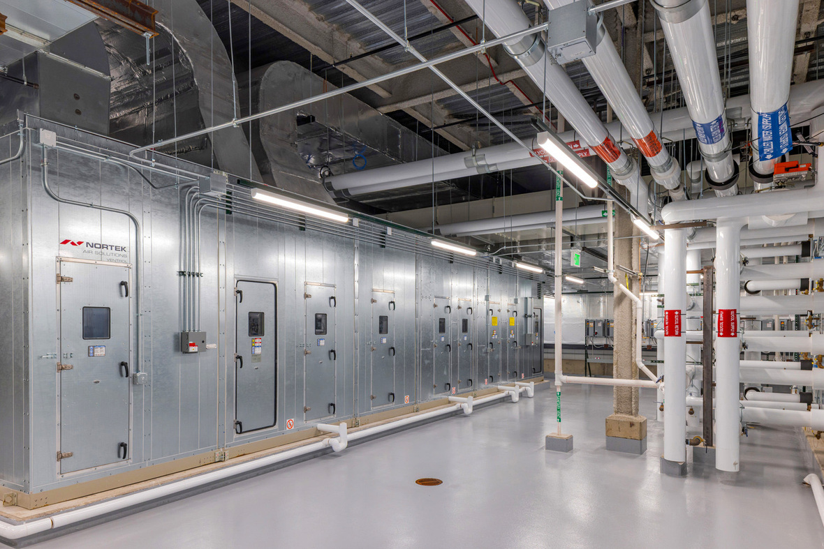 Mechanical room supporting building systems in the Forensic Science and Protective Medicine Facility.