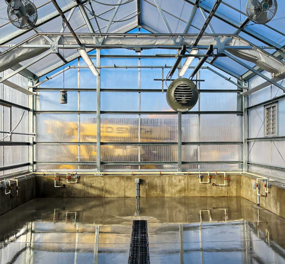 Interior of the Grande Cheese commercial greenhouse showing integrated climate control systems designed for year round growing conditions.