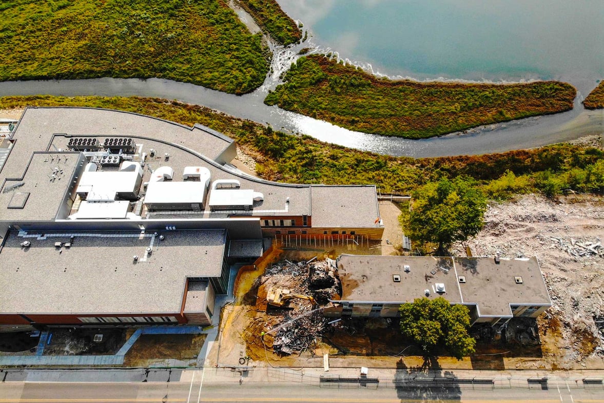 Aerial view of Gundersen St. Joseph’s Hospital and Clinics in Hillsboro, Wisconsin — new critical access facility constructed by C.D. Smith Construction next to the existing hospital with uninterrupted patient care.