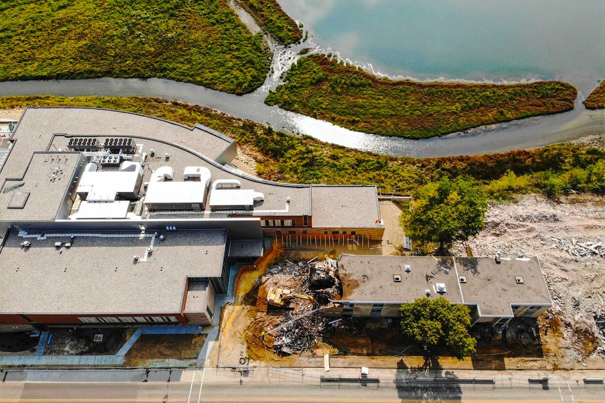 Aerial view of Gundersen St. Joseph’s Hospital and Clinics in Hillsboro, Wisconsin — new critical access facility constructed by C.D. Smith Construction next to the existing hospital with uninterrupted patient care.
