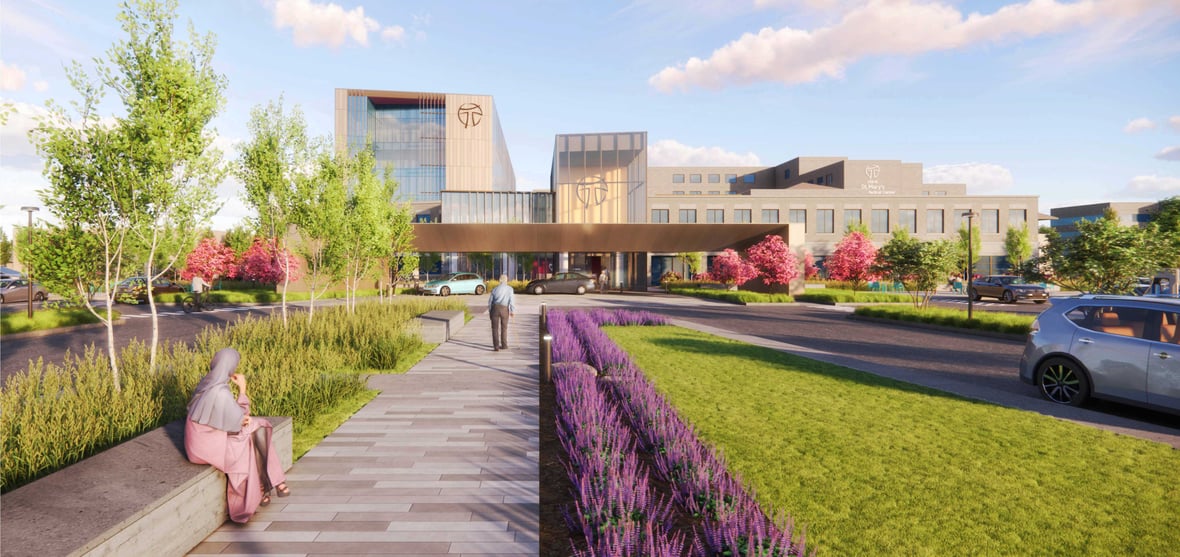 Architectural rendering of the planned inpatient bed tower expansion at HSHS St. Mary's Hospital Medical Center in Green Bay, Wisconsin managed by C.D. Smith Construction.