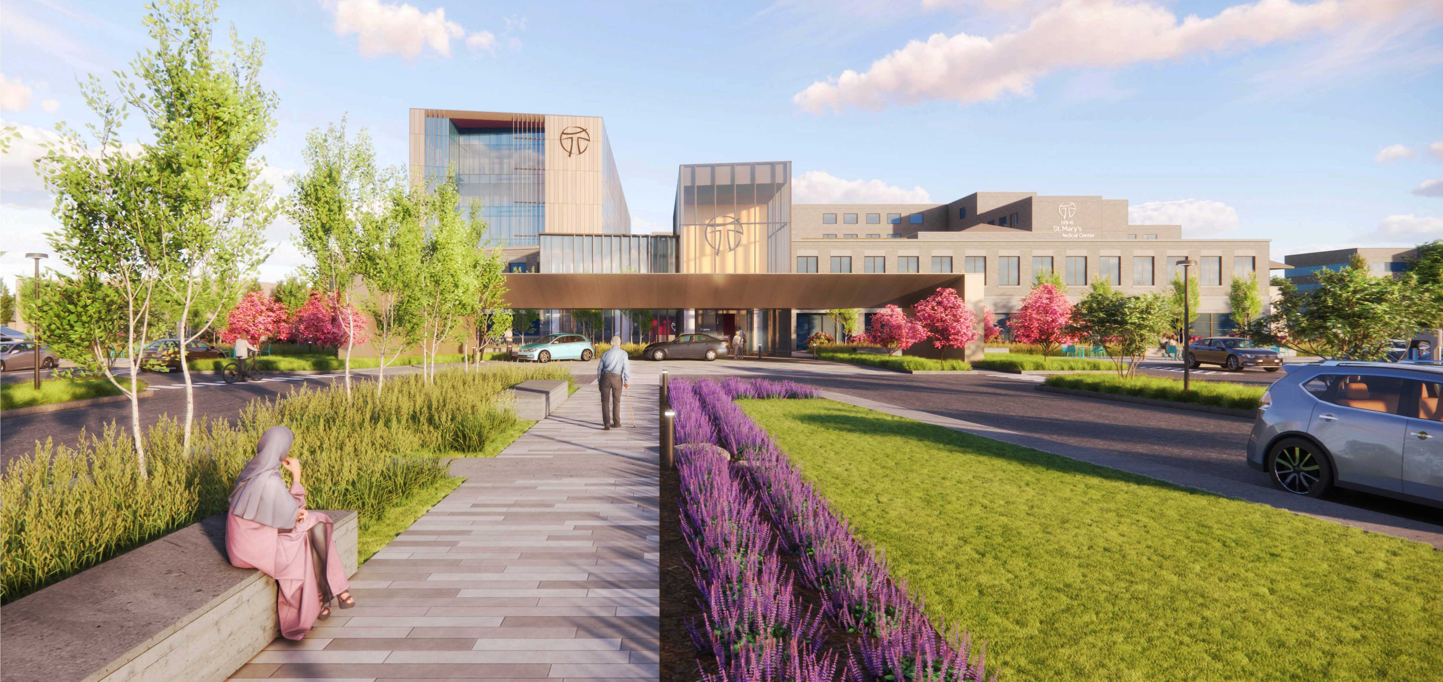 Architectural rendering of the planned inpatient bed tower expansion at HSHS St. Mary's Hospital Medical Center in Green Bay, Wisconsin managed by C.D. Smith Construction.