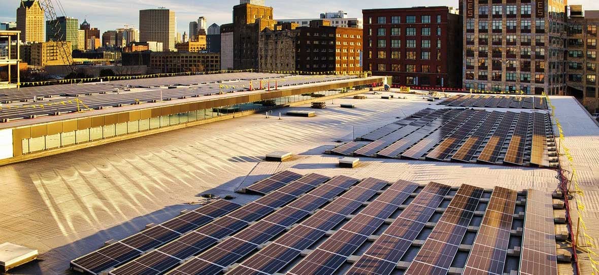 Aerial Footage of solar panels on roof as C.D. Smith Construction is building Rite-Hite's Headquarters in Milwaukee, WI