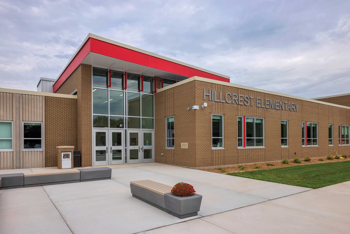 Exterior view of Hillcrest Elementary School following renovation and expansion as part of Pulaski Community School District referendum project