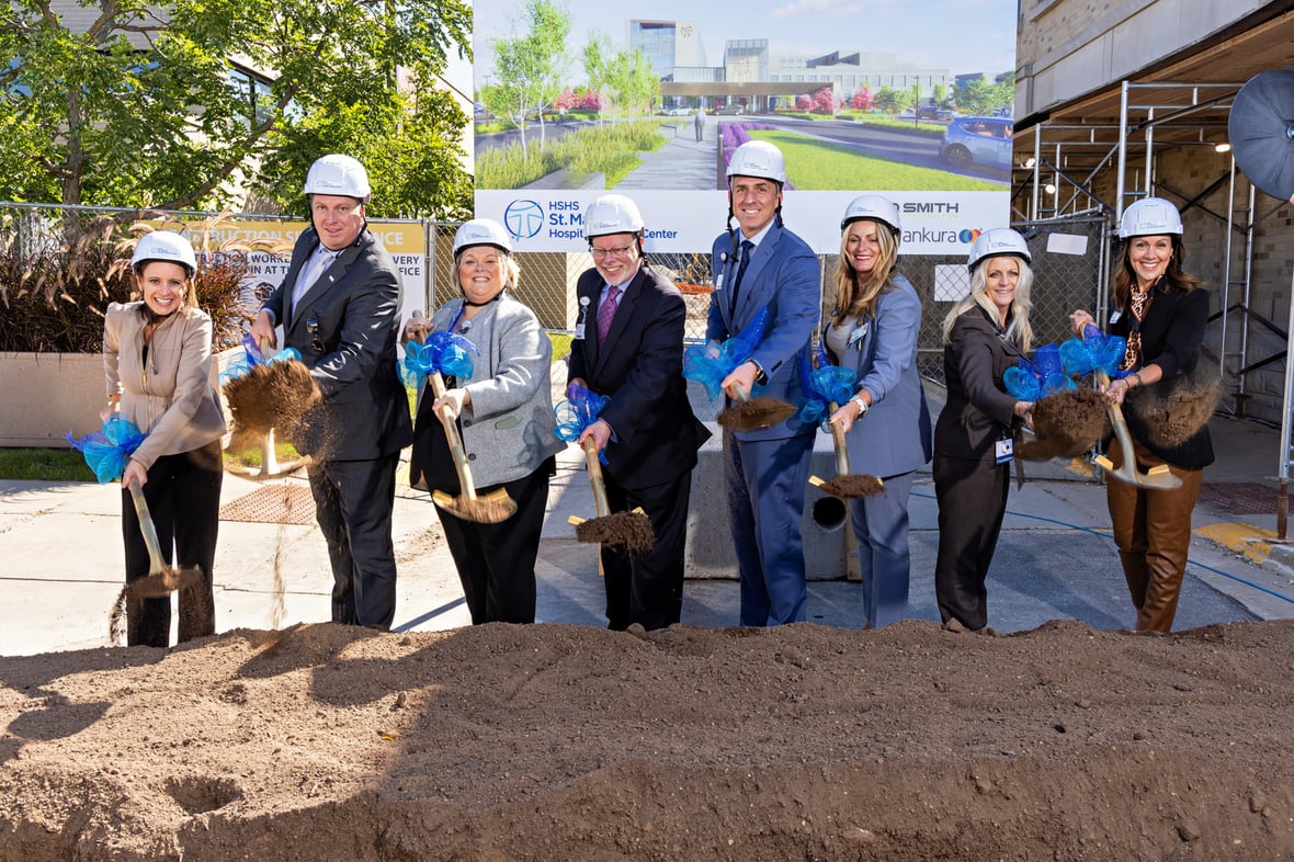 Hospital leaders and project partners break ground on the HSHS St. Mary's inpatient tower in Green Bay, Wisconsin.