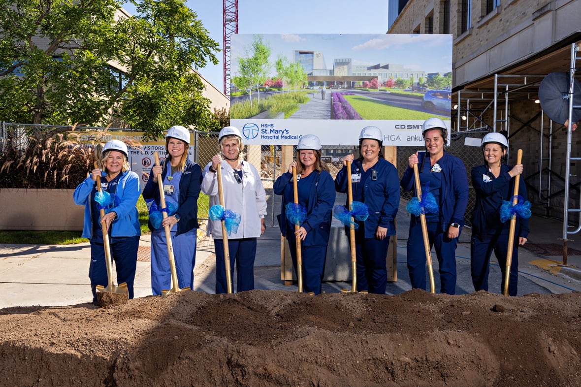 HSHS St. Mary's healthcare team members with ceremonial shovels at the inpatient tower groundbreaking in Green Bay.