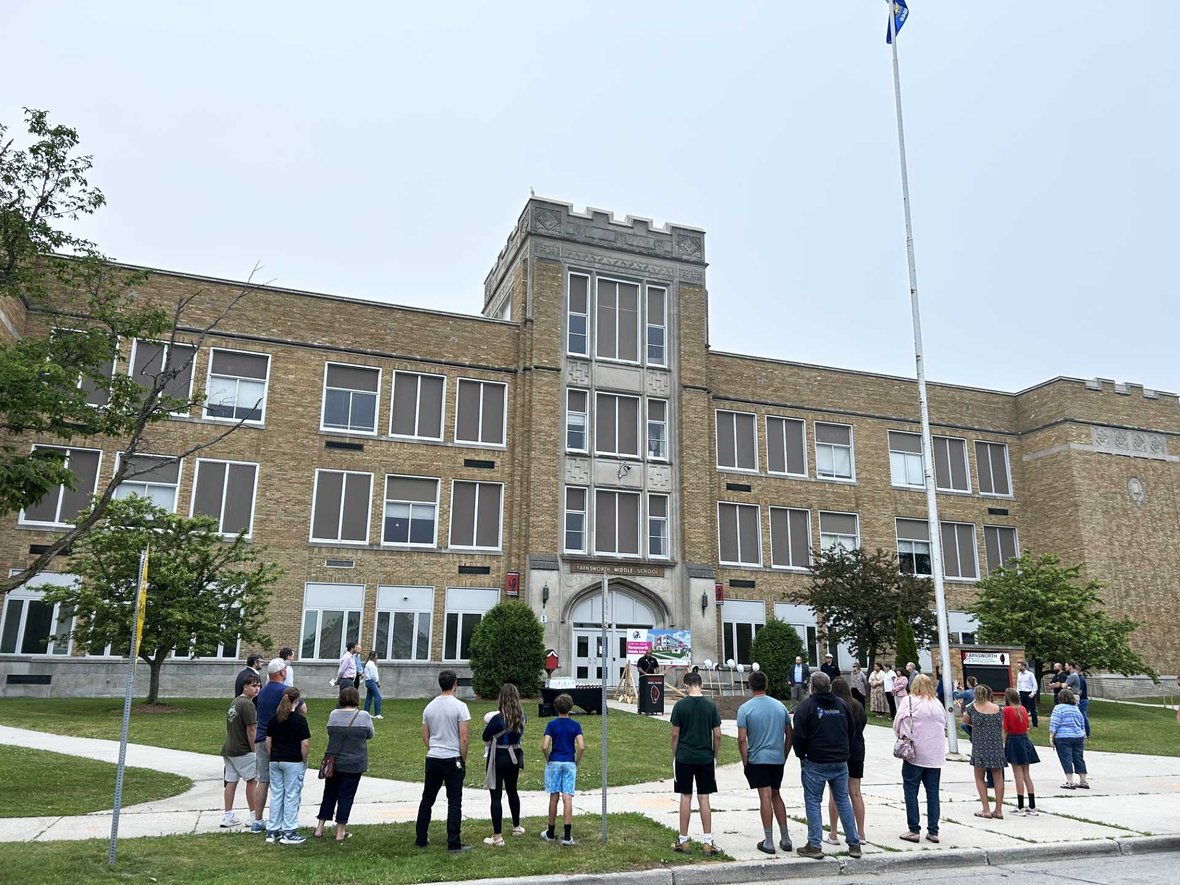 Groundbreaking ceremony at Farnsworth Middle School in Sheboygan, Wisconsin, marking the start of voter-approved renovations and additions as part of the Sheboygan Area School District facilities referendum.