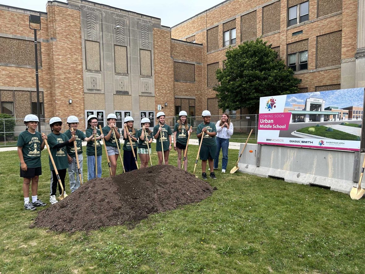 Urban Middle School students participate in the groundbreaking ceremony celebrating planned renovations and additions to the historic school.