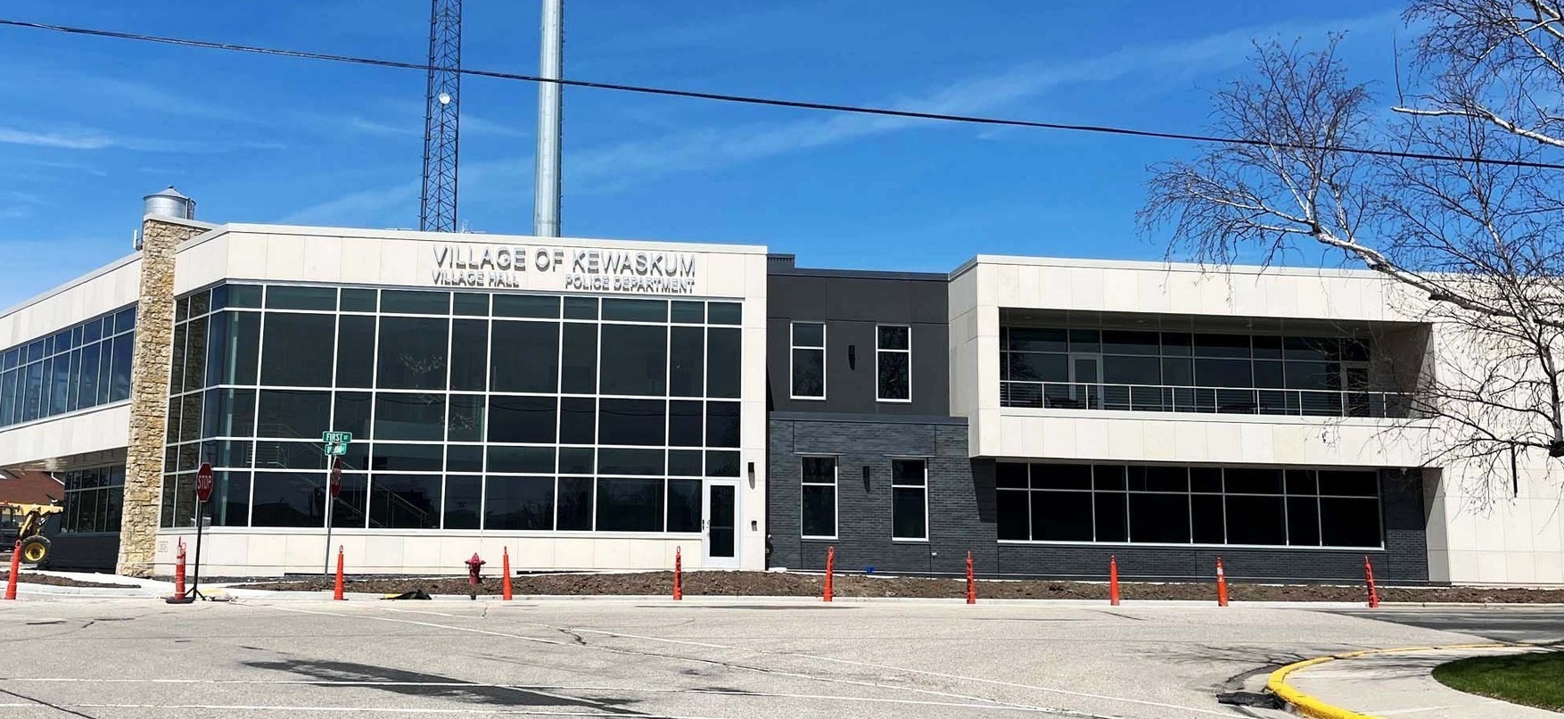 Exterior of the new Village of Kewaskum Government and Community Center in Wisconsin, combining Village Hall and Police Department under one roof. Modern civic building constructed by C.D. Smith Construction.