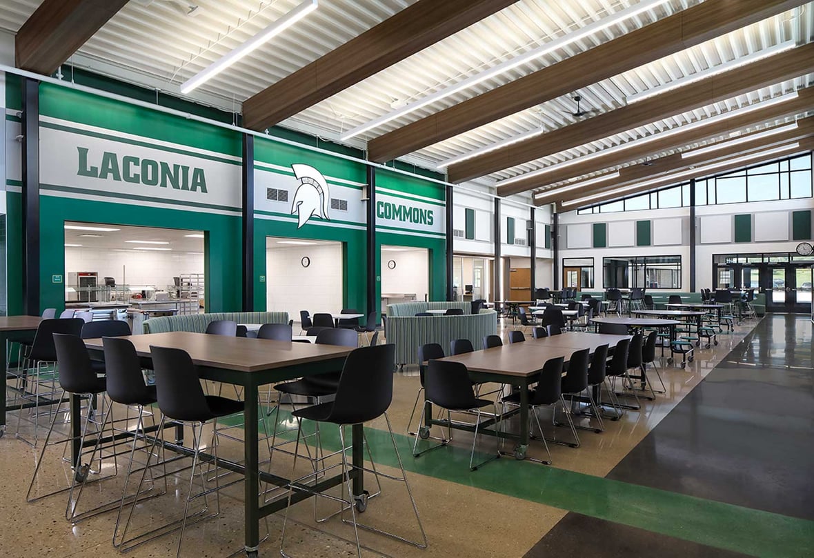 Renovated Laconia Commons with flexible seating and dining areas at Laconia Middle and High School.