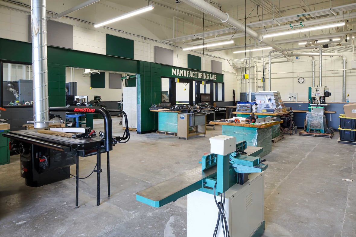 Woodworking and manufacturing equipment in the Manufacturing Lab at Laconia Middle and High School.