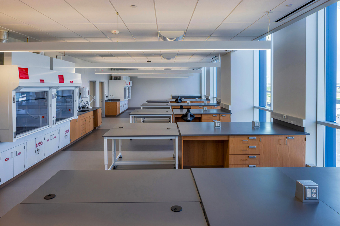 Laboratory benches and ventilation equipment in the Milwaukee Crime Lab.