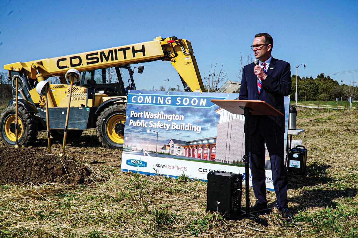 Groundbreaking ceremony for the Port Washington Public Safety Building with city leadership and construction partners