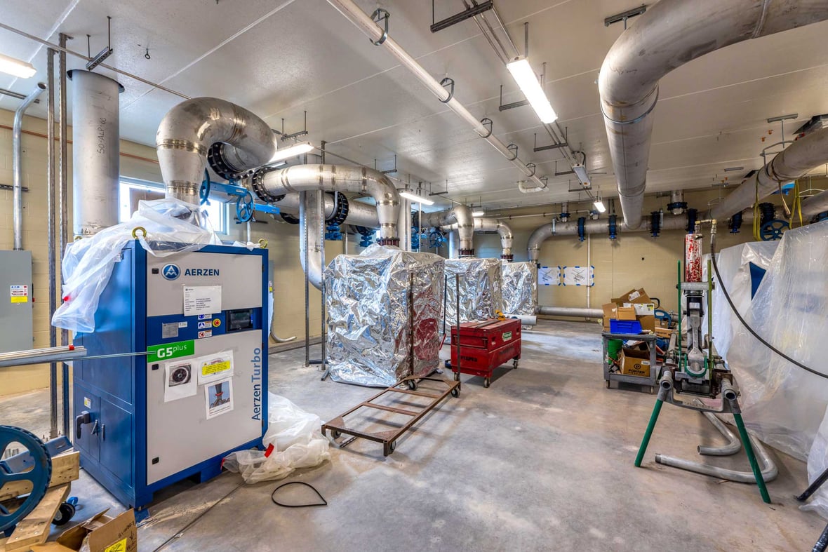 Mechanical blower room inside the new Reedsburg Wastewater Treatment Plant during construction.