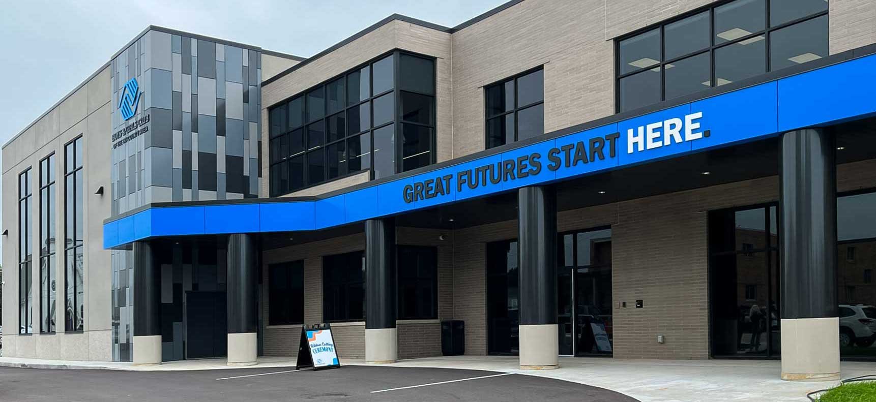 Exterior of Boys & Girls Club of the Tri-County Area in Ripon Wisconsin with Great Futures Start Here canopy and two-story façade