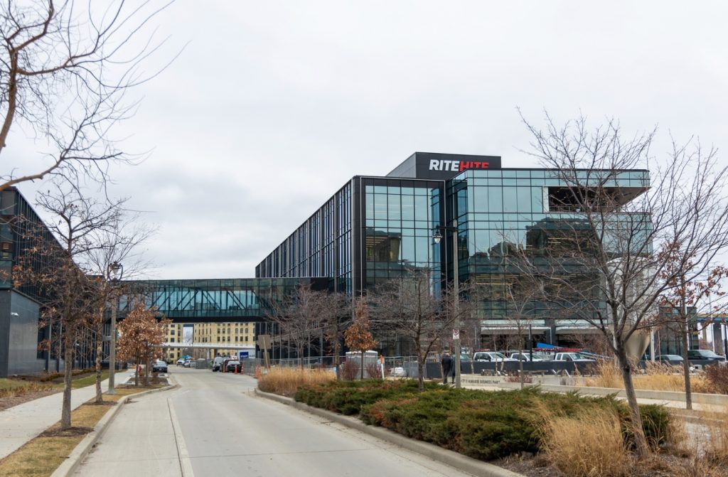 View of new construction corporate global headquarters Rite-Hite from street in Milwaukee