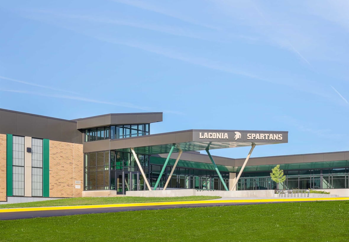 Exterior entrance and canopy at Laconia Middle and High School in the Rosendale-Brandon School District.