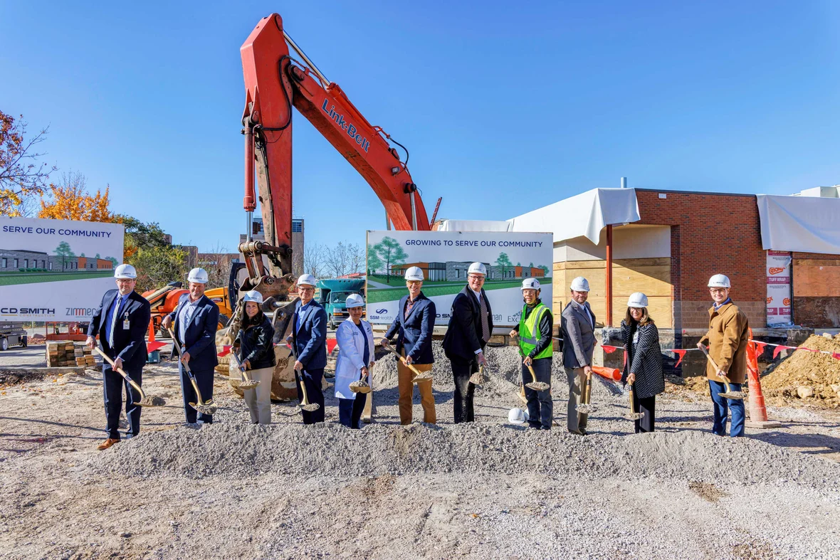 Project and community representatives breaking ground with ceremonial shovels for the SSM Health Cancer Center expansion.