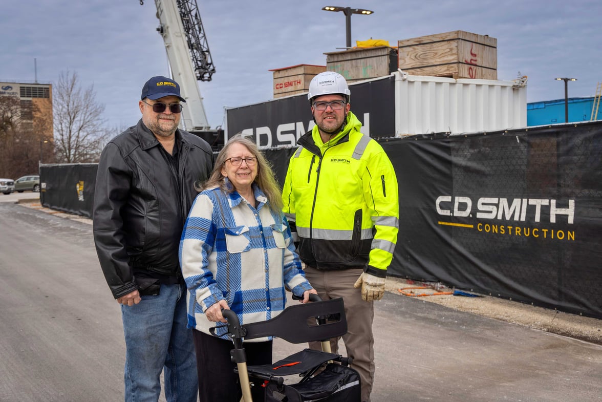 C.D. Smith superintendent Matt Leonard with Eastgate Place residents Mr. and Mrs. Schmidt during the SSM Health Cancer Care expansion project in Fond du Lac.