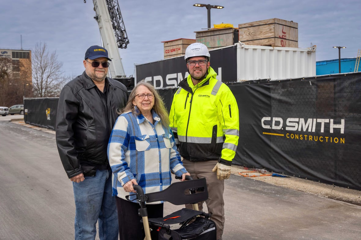 C.D. Smith superintendent Matt Leonard with Eastgate Place residents Mr. and Mrs. Schmidt during the SSM Health Cancer Care expansion project in Fond du Lac.