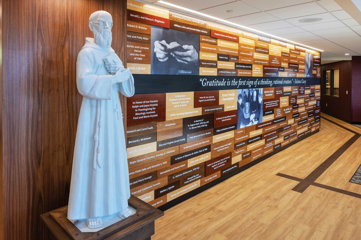 Donor recognition wall inside Fr. Solanus Hall at St. Lawrence Seminary in Mount Calvary Wisconsin