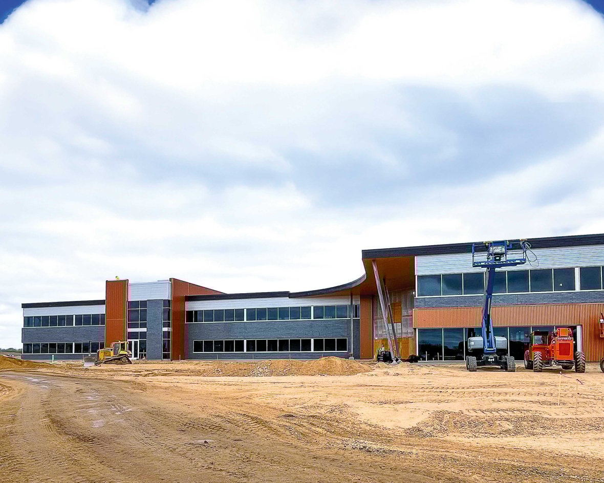 Construction progress at Stoughton Trailers new corporate headquarters with steel and concrete work underway in Wisconsin