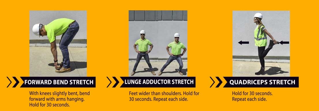 Lower section of the Stretch and Flex Program poster showing forward bend, lunge adductor and quadriceps stretches with accompanying instructions.