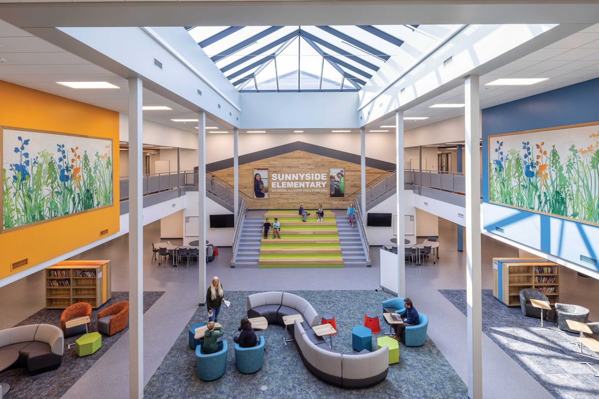 Student collaboration hub at Sunnyside Elementary School with central skylight bringing daylight into shared learning space