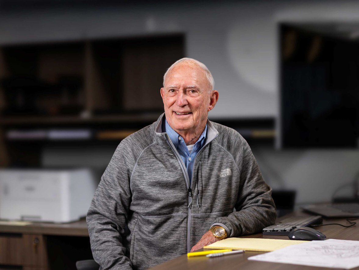 Tom Baker Sr. Chairman of the Board at C.D. Smith Construction seated at his desk at corporate headquarters in Fond du Lac Wisconsin.
