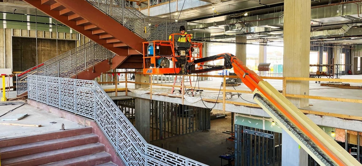 Construction of the monumental steel staircase inside the Gale and Paul Kirby Library and Student Resource Center at UW-Stevens Point.