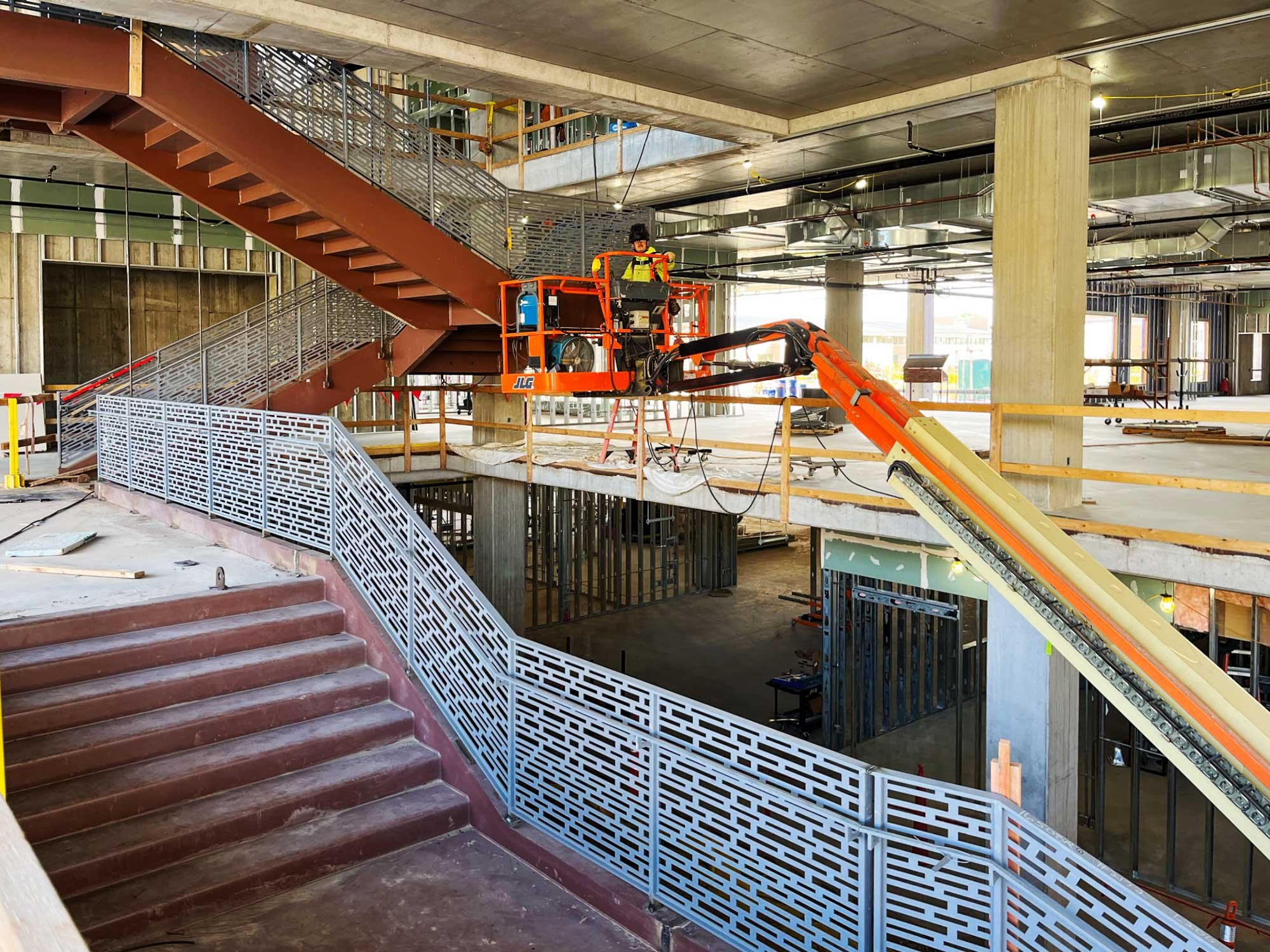 Construction of the monumental steel staircase inside the Gale and Paul Kirby Library and Student Resource Center at UW-Stevens Point.