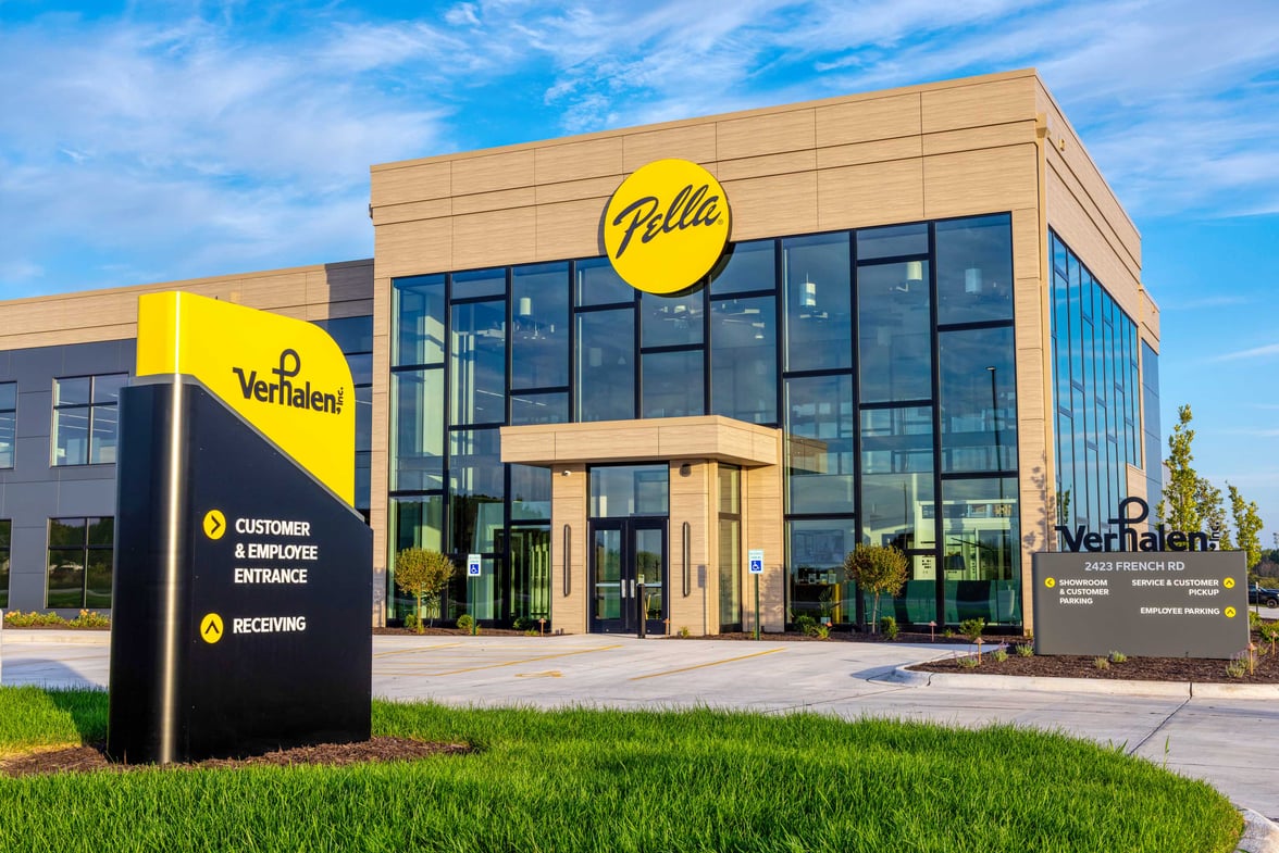 VerHalen Inc. industrial headquarters and warehouse in Lawrence, Wisconsin featuring office space, expanded warehouse capacity and Pella storefront signage constructed by C.D. Smith Construction.