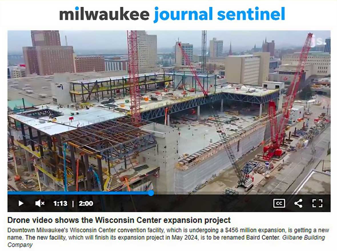 Still screenshot of drone video showing Baird Center expansion project in Milwaukee Wisconsin from Milwaukee Journal Sentinel