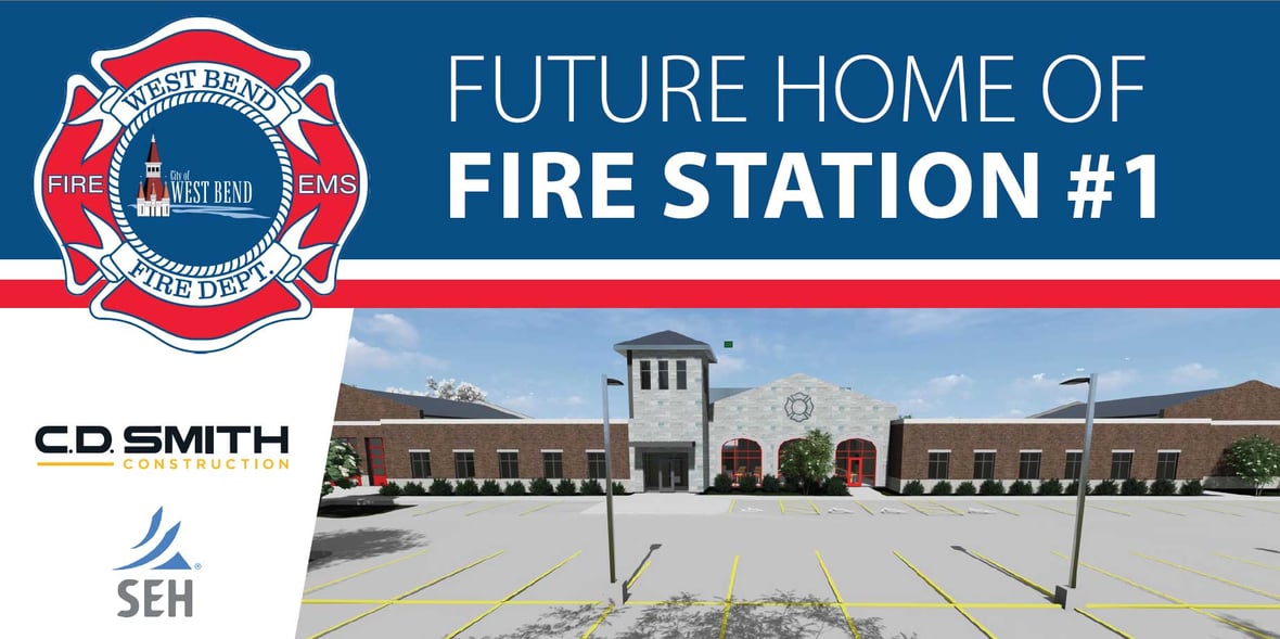 Architectural rendering of the future West Bend Fire Station #1 headquarters building